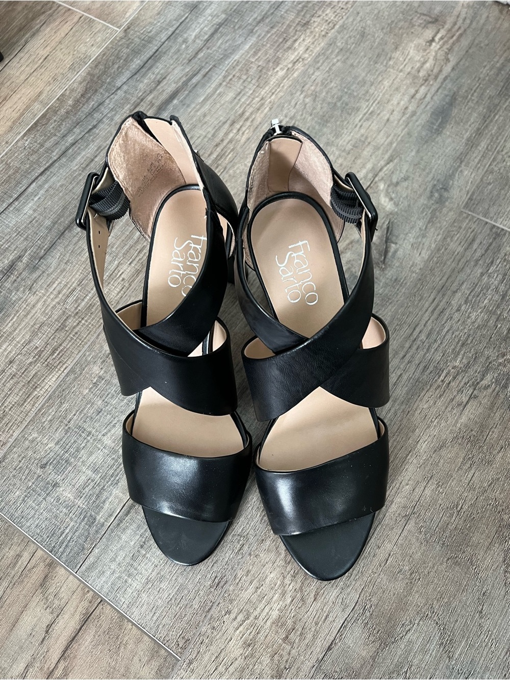 Franco Sarto Black Leather Strap Heels- Preowned- Excellent Condition - Size 8.5